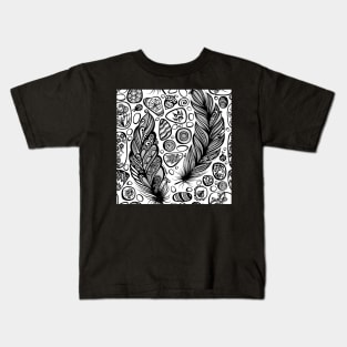 Monochrome Seamless Pattern with Sea Pebbles and Feathers Kids T-Shirt